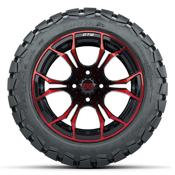 14″ Spyder Red/Black Golf Cart Wheels and 22×10-14 GTW Timberwolf Tires – Set of 4